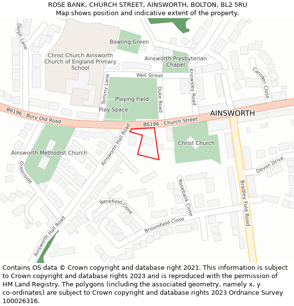 ROSE BANK, CHURCH STREET, AINSWORTH, BOLTON, BL2 5RU: Location map and indicative extent of plot