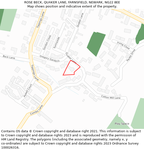 ROSE BECK, QUAKER LANE, FARNSFIELD, NEWARK, NG22 8EE: Location map and indicative extent of plot