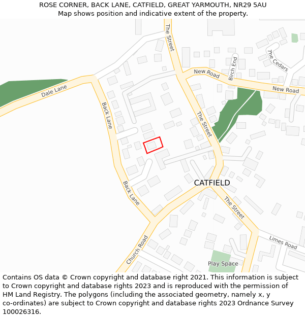 ROSE CORNER, BACK LANE, CATFIELD, GREAT YARMOUTH, NR29 5AU: Location map and indicative extent of plot