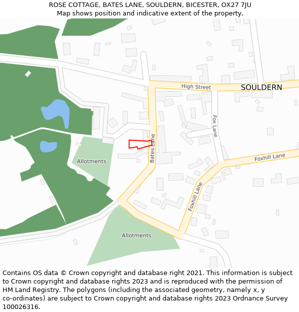 ROSE COTTAGE, BATES LANE, SOULDERN, BICESTER, OX27 7JU: Location map and indicative extent of plot