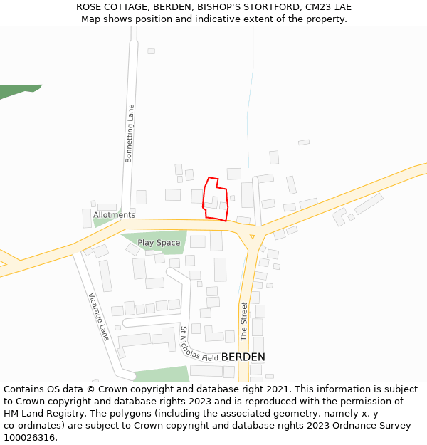 ROSE COTTAGE, BERDEN, BISHOP'S STORTFORD, CM23 1AE: Location map and indicative extent of plot