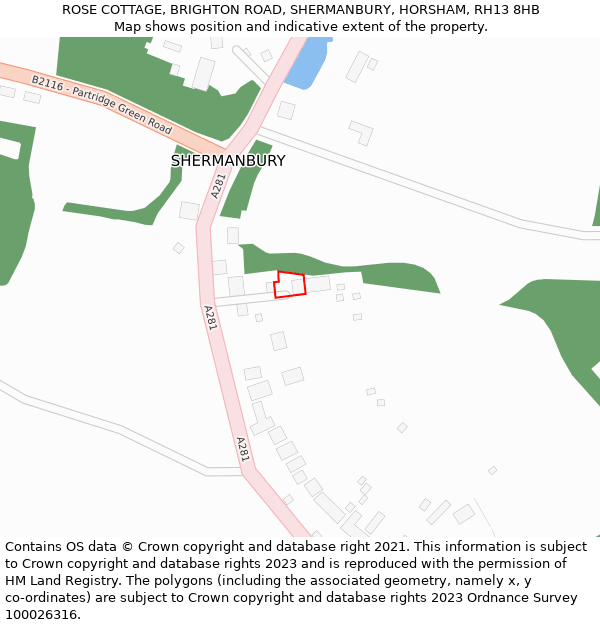 ROSE COTTAGE, BRIGHTON ROAD, SHERMANBURY, HORSHAM, RH13 8HB: Location map and indicative extent of plot