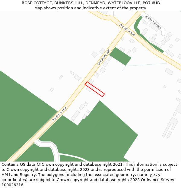 ROSE COTTAGE, BUNKERS HILL, DENMEAD, WATERLOOVILLE, PO7 6UB: Location map and indicative extent of plot