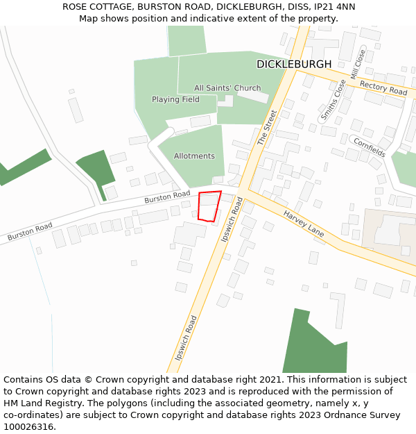 ROSE COTTAGE, BURSTON ROAD, DICKLEBURGH, DISS, IP21 4NN: Location map and indicative extent of plot