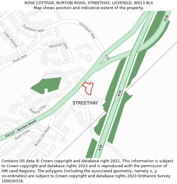 ROSE COTTAGE, BURTON ROAD, STREETHAY, LICHFIELD, WS13 8LX: Location map and indicative extent of plot