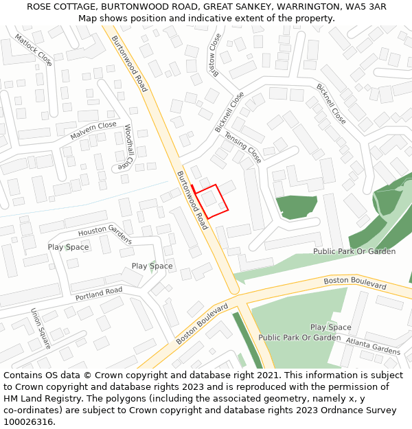 ROSE COTTAGE, BURTONWOOD ROAD, GREAT SANKEY, WARRINGTON, WA5 3AR: Location map and indicative extent of plot