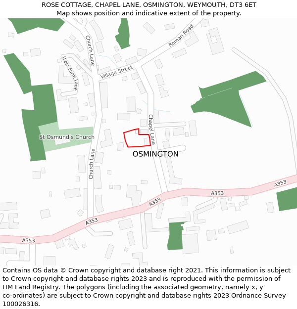 ROSE COTTAGE, CHAPEL LANE, OSMINGTON, WEYMOUTH, DT3 6ET: Location map and indicative extent of plot