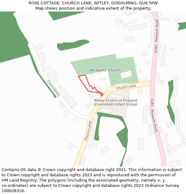 ROSE COTTAGE, CHURCH LANE, WITLEY, GODALMING, GU8 5PW: Location map and indicative extent of plot