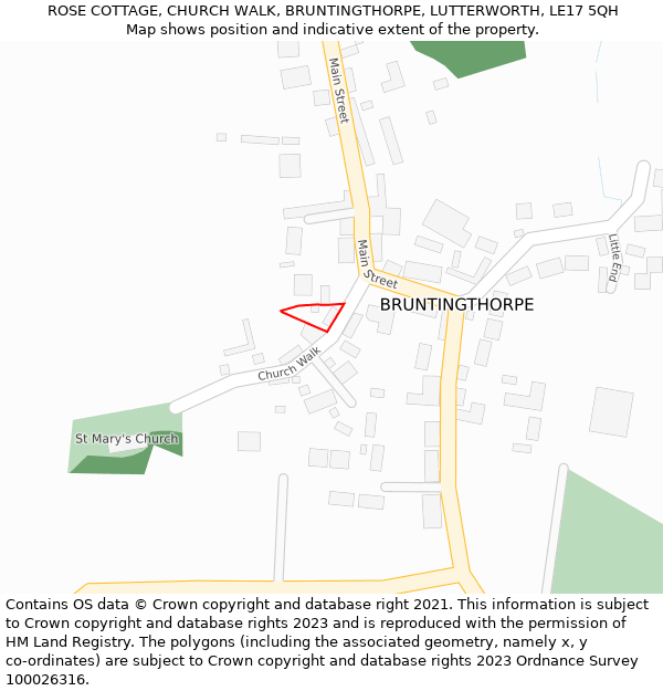 ROSE COTTAGE, CHURCH WALK, BRUNTINGTHORPE, LUTTERWORTH, LE17 5QH: Location map and indicative extent of plot