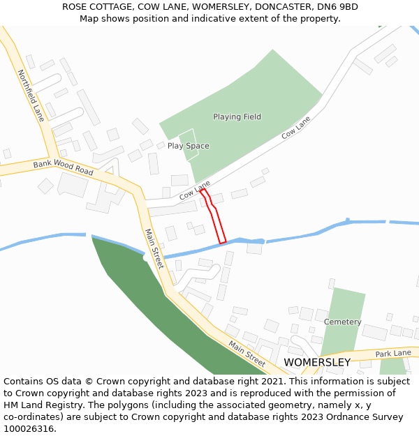 ROSE COTTAGE, COW LANE, WOMERSLEY, DONCASTER, DN6 9BD: Location map and indicative extent of plot