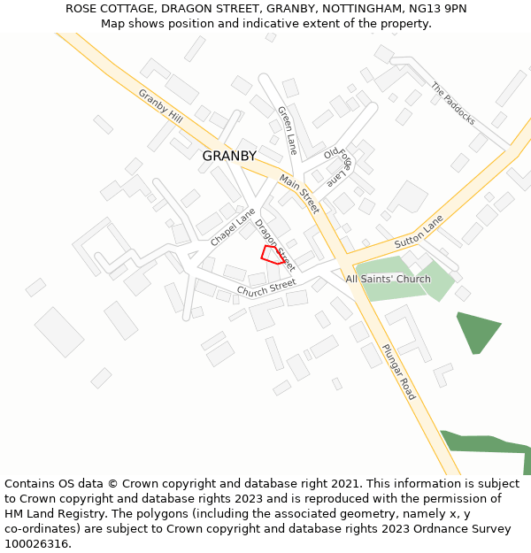 ROSE COTTAGE, DRAGON STREET, GRANBY, NOTTINGHAM, NG13 9PN: Location map and indicative extent of plot