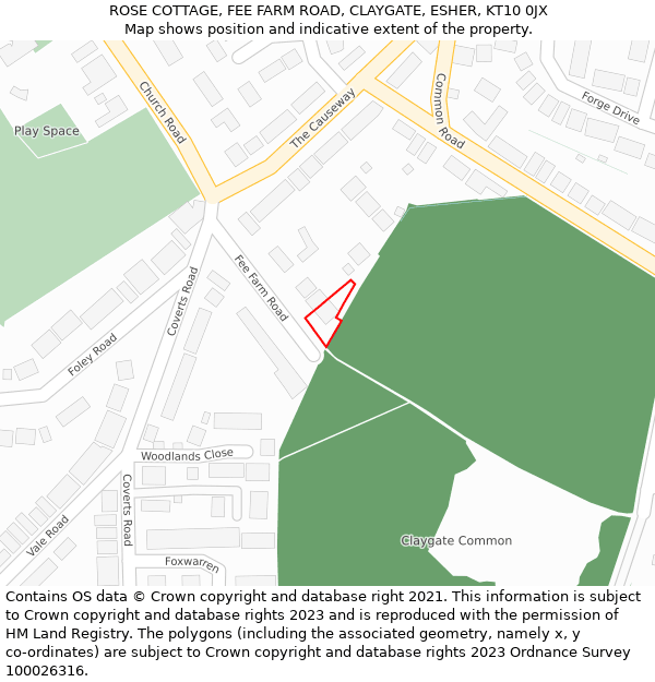 ROSE COTTAGE, FEE FARM ROAD, CLAYGATE, ESHER, KT10 0JX: Location map and indicative extent of plot