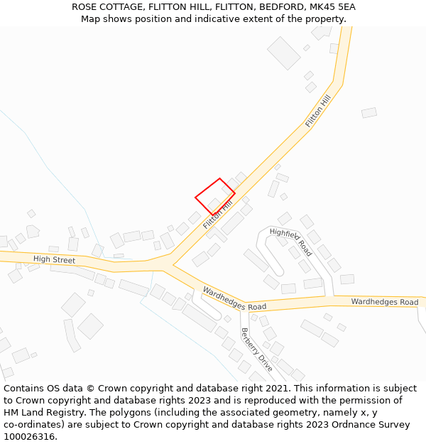 ROSE COTTAGE, FLITTON HILL, FLITTON, BEDFORD, MK45 5EA: Location map and indicative extent of plot