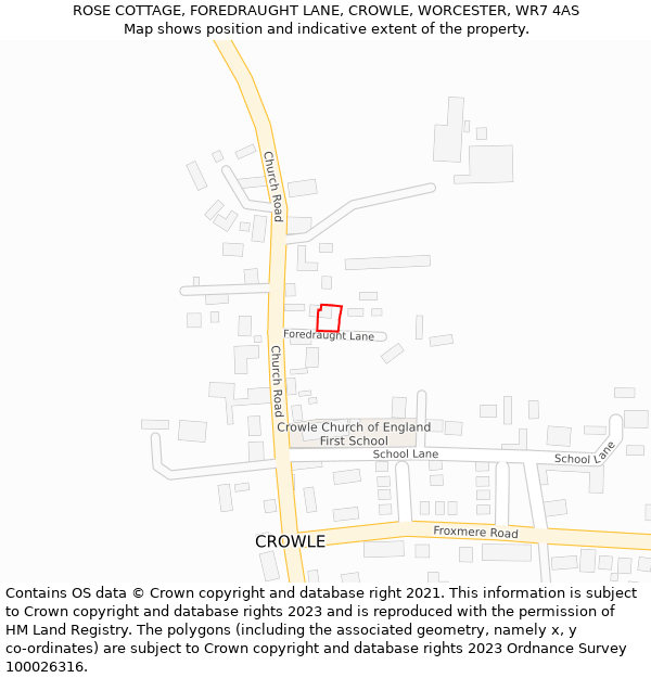 ROSE COTTAGE, FOREDRAUGHT LANE, CROWLE, WORCESTER, WR7 4AS: Location map and indicative extent of plot