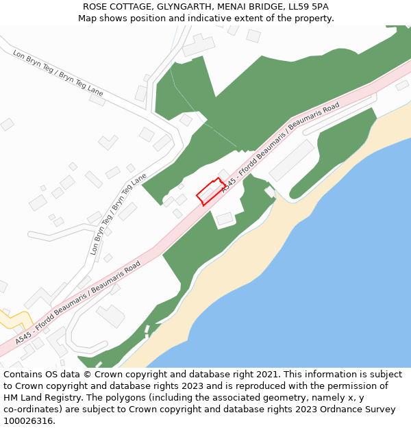 ROSE COTTAGE, GLYNGARTH, MENAI BRIDGE, LL59 5PA: Location map and indicative extent of plot