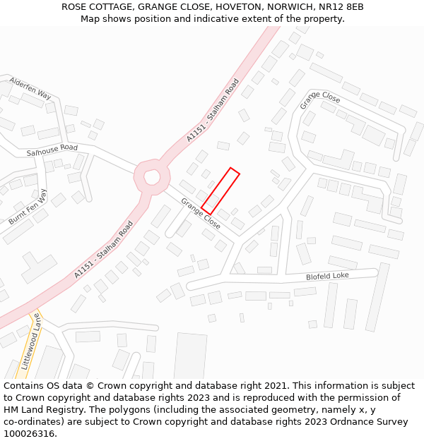 ROSE COTTAGE, GRANGE CLOSE, HOVETON, NORWICH, NR12 8EB: Location map and indicative extent of plot