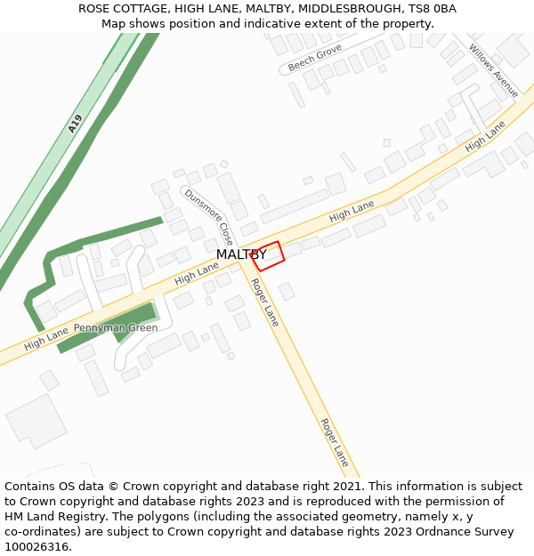 ROSE COTTAGE, HIGH LANE, MALTBY, MIDDLESBROUGH, TS8 0BA: Location map and indicative extent of plot