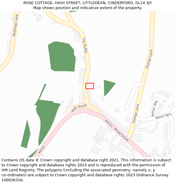 ROSE COTTAGE, HIGH STREET, LITTLEDEAN, CINDERFORD, GL14 3JY: Location map and indicative extent of plot