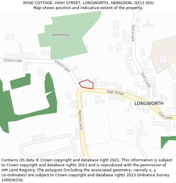 ROSE COTTAGE, HIGH STREET, LONGWORTH, ABINGDON, OX13 5DU: Location map and indicative extent of plot