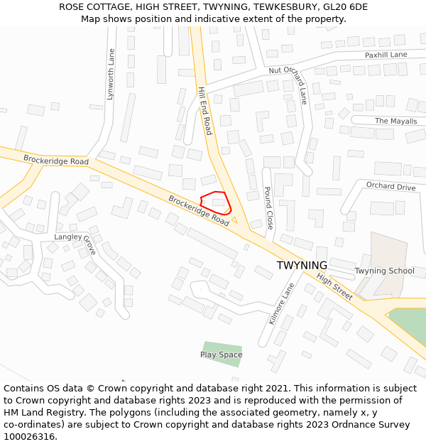 ROSE COTTAGE, HIGH STREET, TWYNING, TEWKESBURY, GL20 6DE: Location map and indicative extent of plot