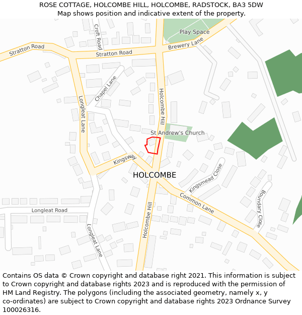 ROSE COTTAGE, HOLCOMBE HILL, HOLCOMBE, RADSTOCK, BA3 5DW: Location map and indicative extent of plot