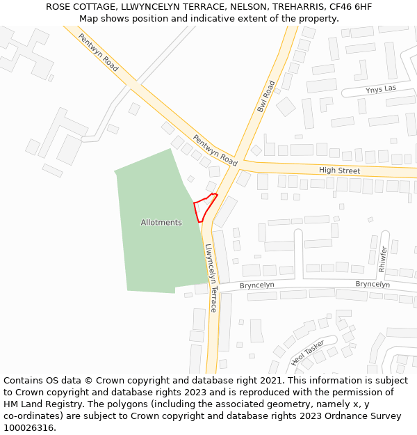 ROSE COTTAGE, LLWYNCELYN TERRACE, NELSON, TREHARRIS, CF46 6HF: Location map and indicative extent of plot