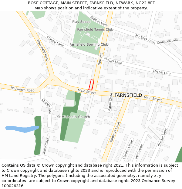 ROSE COTTAGE, MAIN STREET, FARNSFIELD, NEWARK, NG22 8EF: Location map and indicative extent of plot
