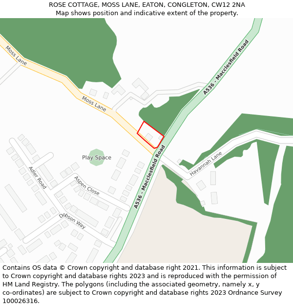 ROSE COTTAGE, MOSS LANE, EATON, CONGLETON, CW12 2NA: Location map and indicative extent of plot