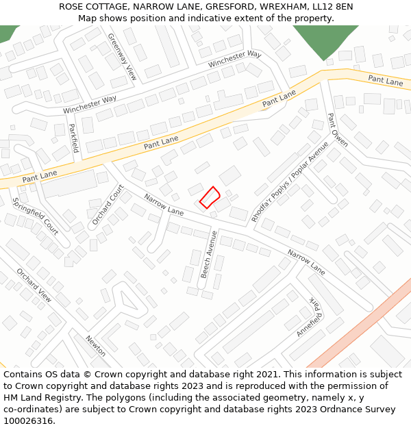 ROSE COTTAGE, NARROW LANE, GRESFORD, WREXHAM, LL12 8EN: Location map and indicative extent of plot