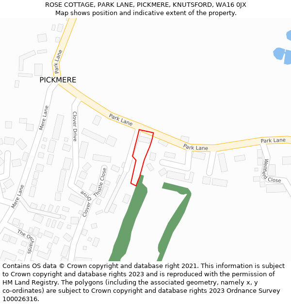 ROSE COTTAGE, PARK LANE, PICKMERE, KNUTSFORD, WA16 0JX: Location map and indicative extent of plot