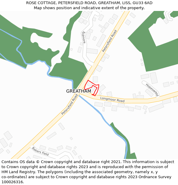 ROSE COTTAGE, PETERSFIELD ROAD, GREATHAM, LISS, GU33 6AD: Location map and indicative extent of plot