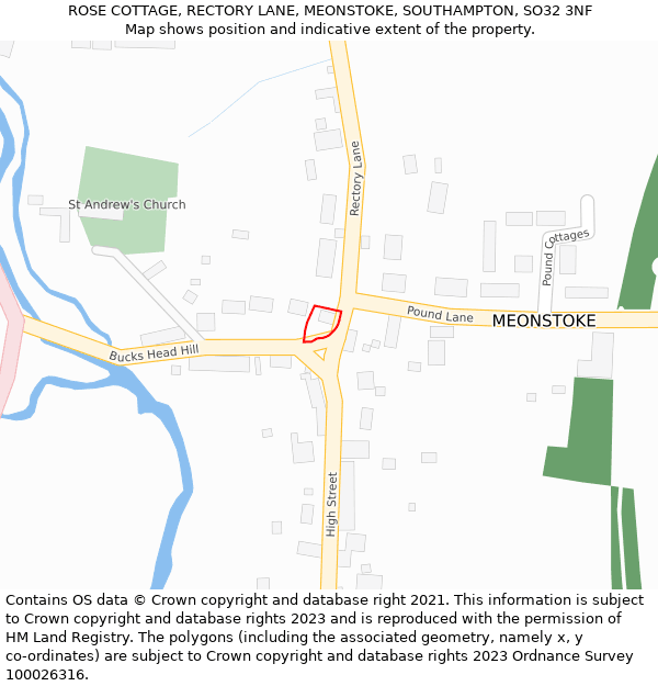 ROSE COTTAGE, RECTORY LANE, MEONSTOKE, SOUTHAMPTON, SO32 3NF: Location map and indicative extent of plot