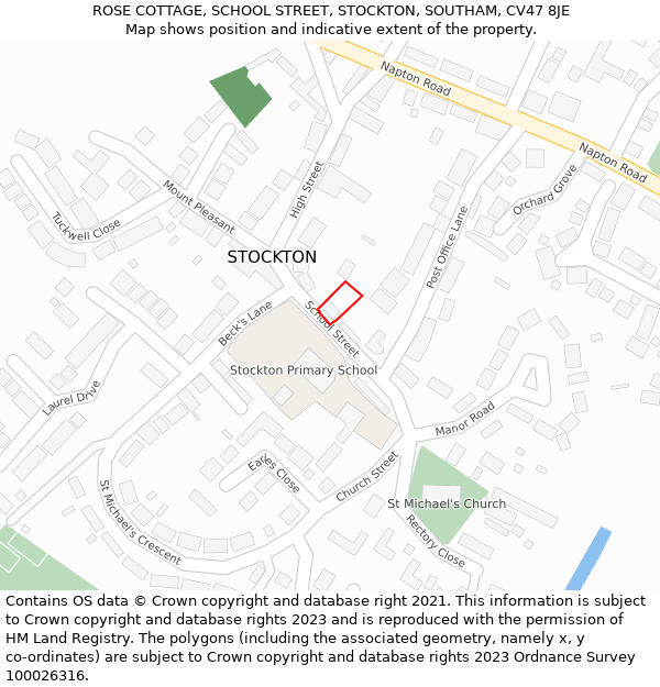 ROSE COTTAGE, SCHOOL STREET, STOCKTON, SOUTHAM, CV47 8JE: Location map and indicative extent of plot