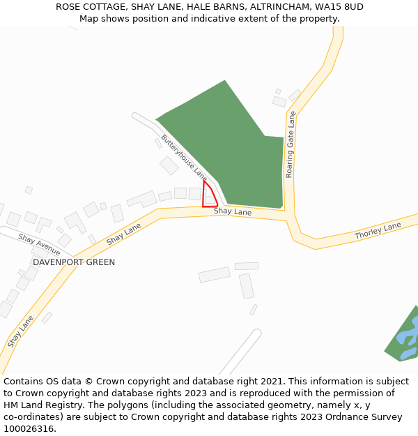 ROSE COTTAGE, SHAY LANE, HALE BARNS, ALTRINCHAM, WA15 8UD: Location map and indicative extent of plot