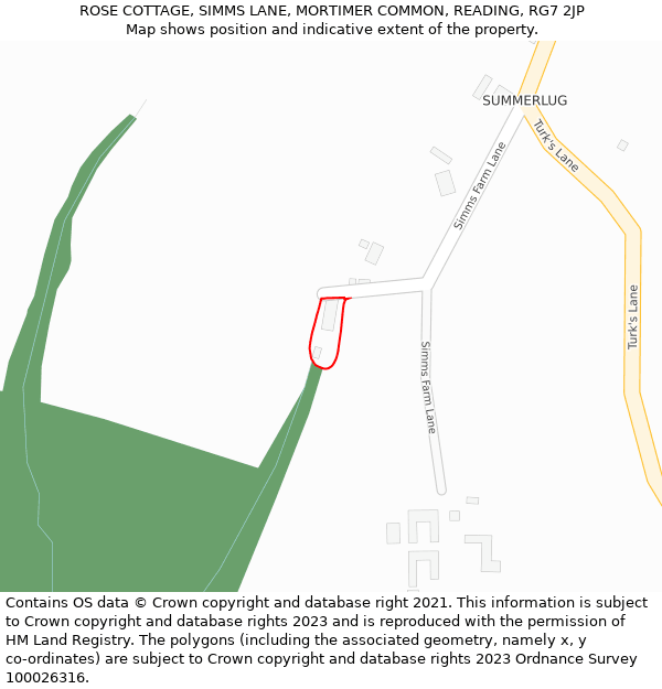 ROSE COTTAGE, SIMMS LANE, MORTIMER COMMON, READING, RG7 2JP: Location map and indicative extent of plot