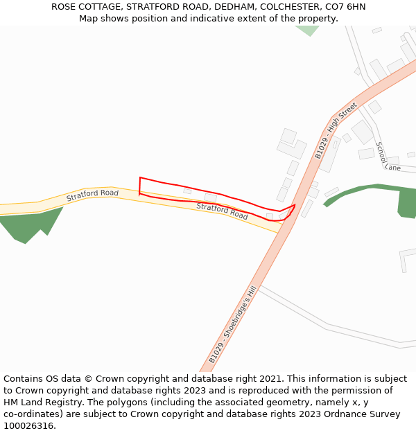 ROSE COTTAGE, STRATFORD ROAD, DEDHAM, COLCHESTER, CO7 6HN: Location map and indicative extent of plot