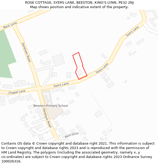 ROSE COTTAGE, SYERS LANE, BEESTON, KING'S LYNN, PE32 2NJ: Location map and indicative extent of plot