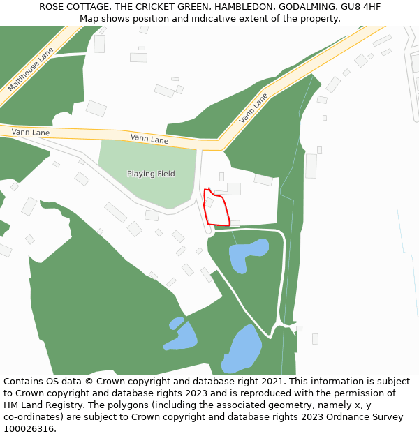ROSE COTTAGE, THE CRICKET GREEN, HAMBLEDON, GODALMING, GU8 4HF: Location map and indicative extent of plot