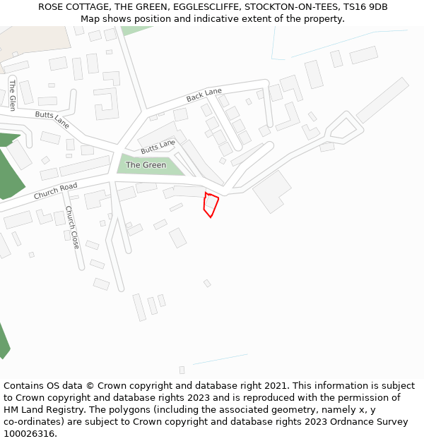 ROSE COTTAGE, THE GREEN, EGGLESCLIFFE, STOCKTON-ON-TEES, TS16 9DB: Location map and indicative extent of plot