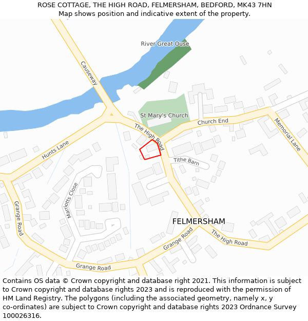 ROSE COTTAGE, THE HIGH ROAD, FELMERSHAM, BEDFORD, MK43 7HN: Location map and indicative extent of plot