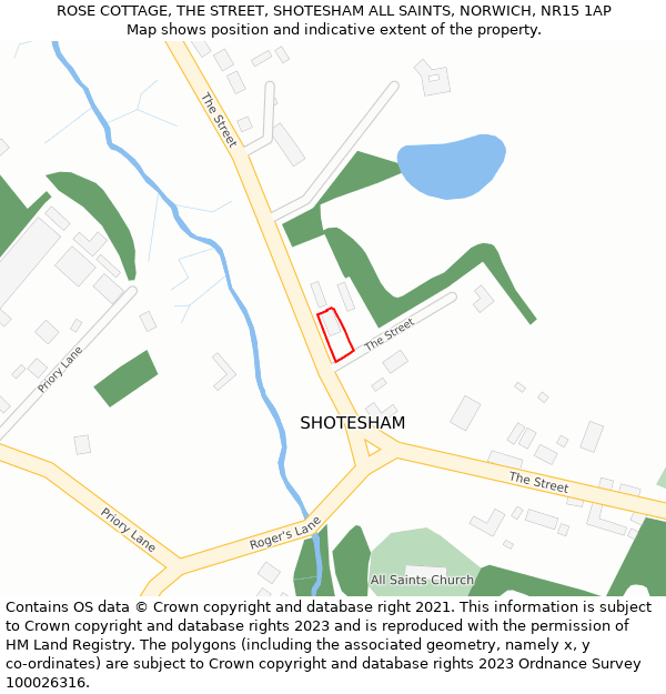 ROSE COTTAGE, THE STREET, SHOTESHAM ALL SAINTS, NORWICH, NR15 1AP: Location map and indicative extent of plot