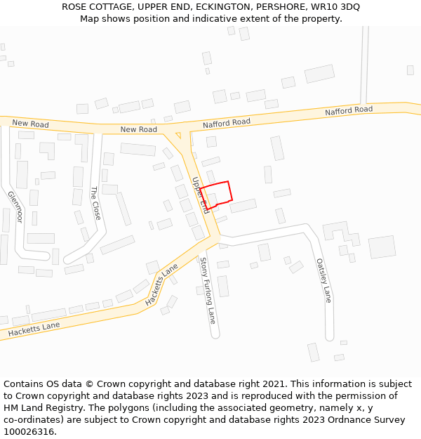 ROSE COTTAGE, UPPER END, ECKINGTON, PERSHORE, WR10 3DQ: Location map and indicative extent of plot