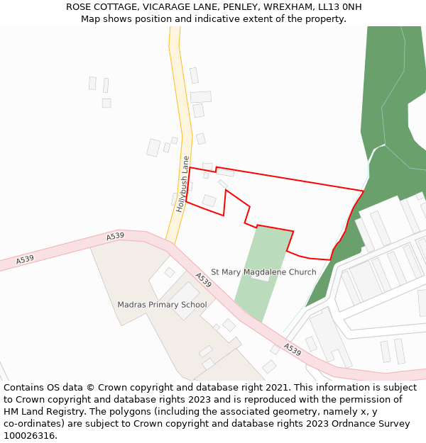 ROSE COTTAGE, VICARAGE LANE, PENLEY, WREXHAM, LL13 0NH: Location map and indicative extent of plot