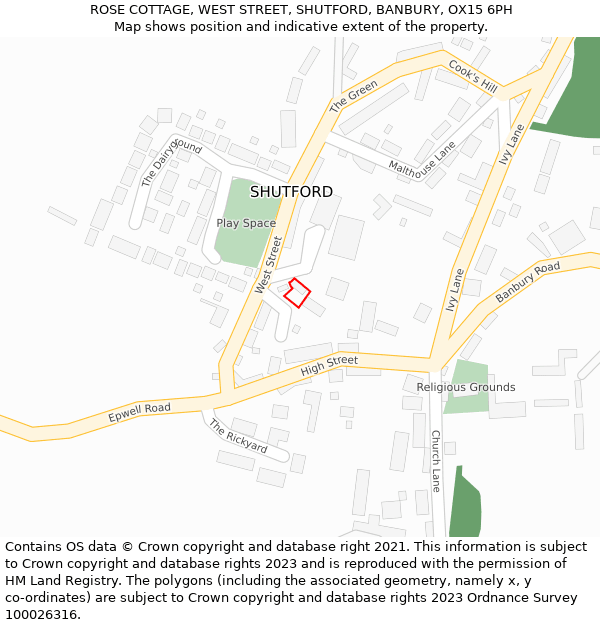 ROSE COTTAGE, WEST STREET, SHUTFORD, BANBURY, OX15 6PH: Location map and indicative extent of plot