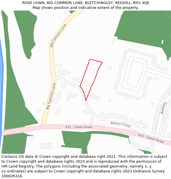 ROSE LAWN, BIG COMMON LANE, BLETCHINGLEY, REDHILL, RH1 4QE: Location map and indicative extent of plot