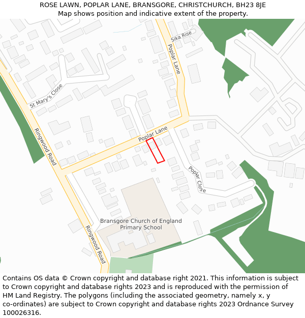ROSE LAWN, POPLAR LANE, BRANSGORE, CHRISTCHURCH, BH23 8JE: Location map and indicative extent of plot
