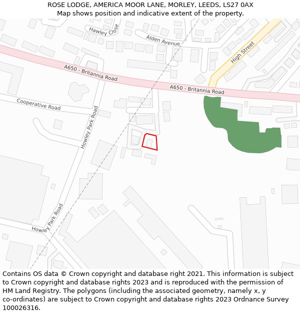ROSE LODGE, AMERICA MOOR LANE, MORLEY, LEEDS, LS27 0AX: Location map and indicative extent of plot