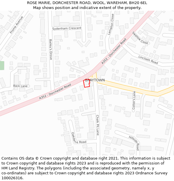 ROSE MARIE, DORCHESTER ROAD, WOOL, WAREHAM, BH20 6EL: Location map and indicative extent of plot