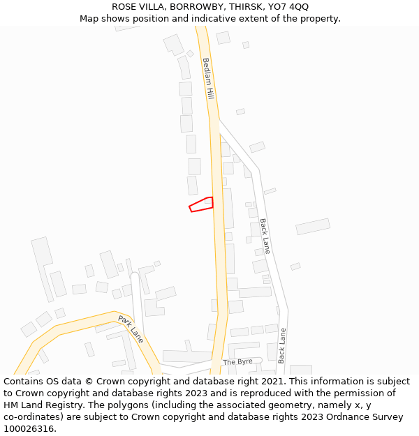 ROSE VILLA, BORROWBY, THIRSK, YO7 4QQ: Location map and indicative extent of plot