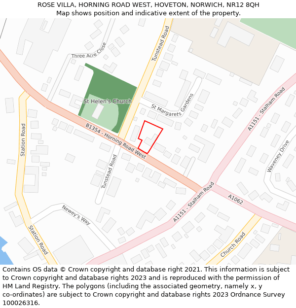 ROSE VILLA, HORNING ROAD WEST, HOVETON, NORWICH, NR12 8QH: Location map and indicative extent of plot